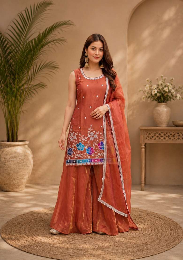 Orange Embroidered Fendi Kurta Set - Indya