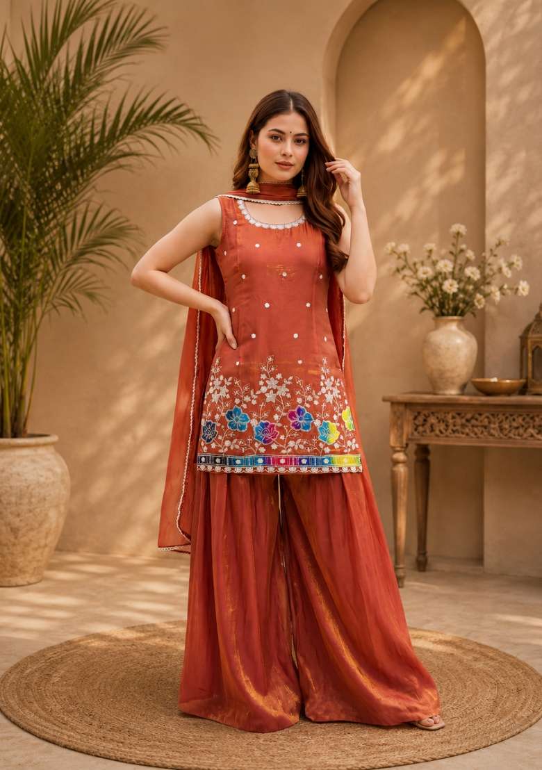 Orange Embroidered Fendi Kurta Set - Indya
