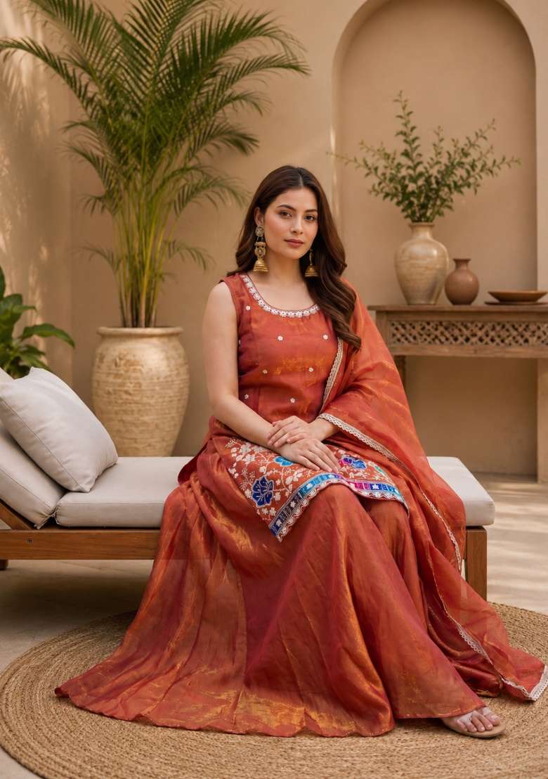 Orange Embroidered Fendi Kurta Set - Indya