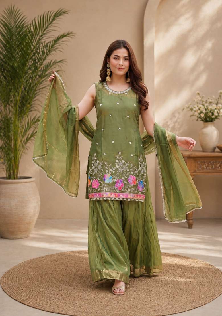 Green Embroidered Fendi Kurta Set - Indya