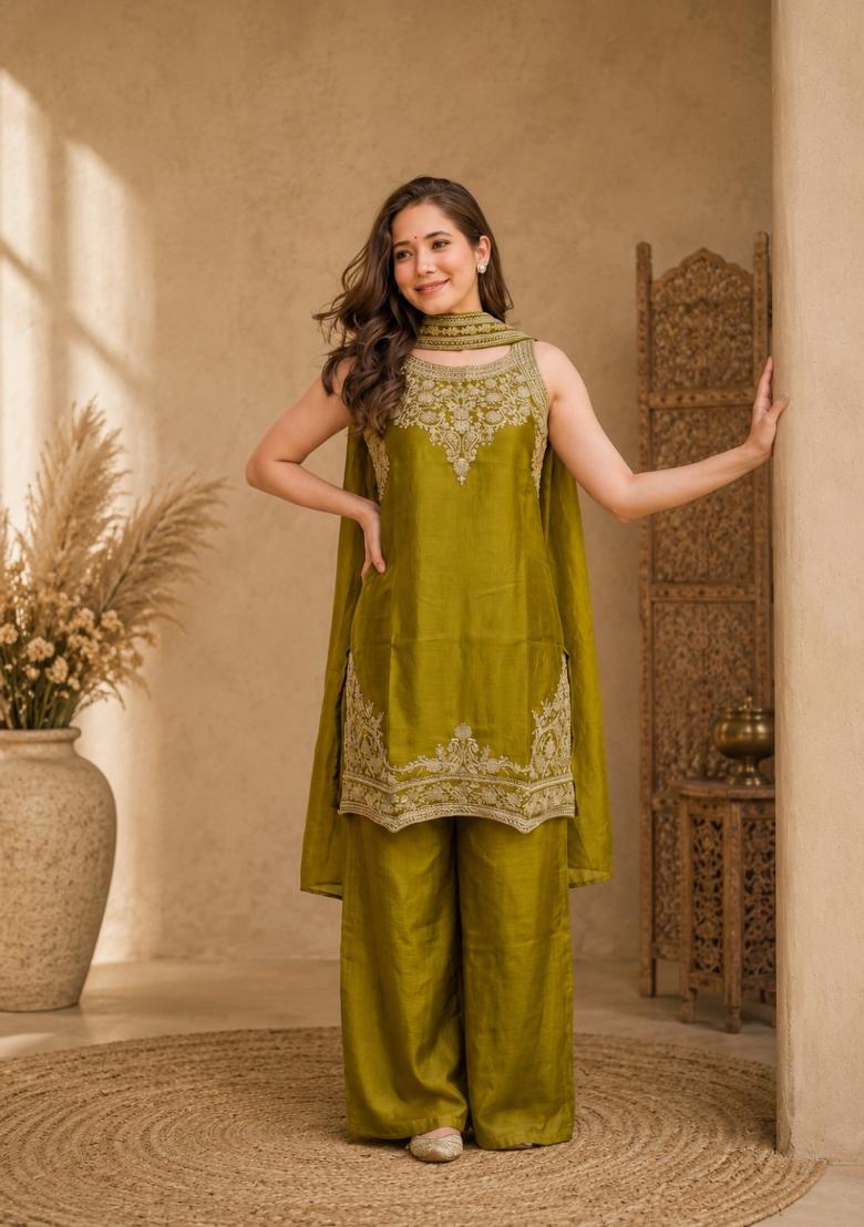 Yellow Embroidered Fendi Kurta Set - Indya