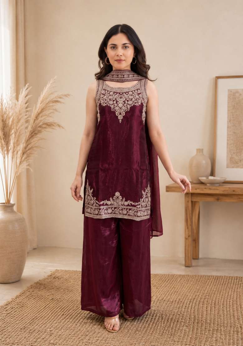 Maroon Embroidered Fendi Kurta Set - Indya