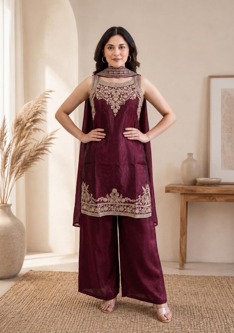 Maroon Embroidered Fendi Kurta Set - Indya
