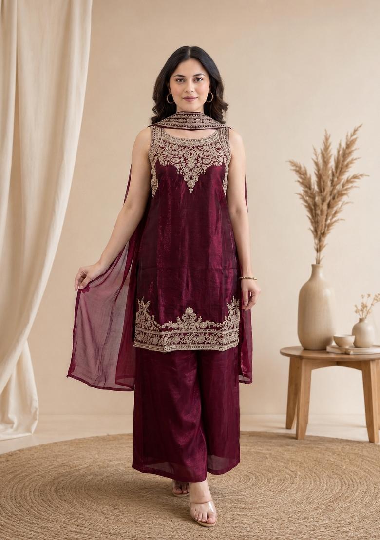 Maroon Embroidered Fendi Kurta Set - Indya