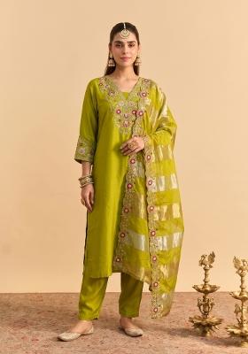 Yellow Embroidered Silk Kurta Set