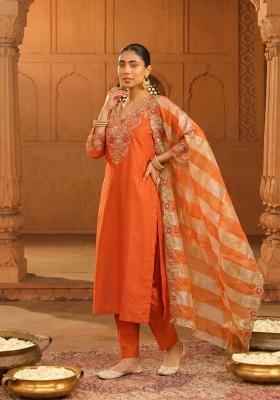 Orange Embroidered Silk Kurta Set