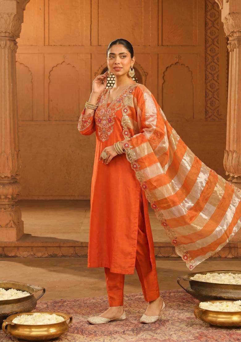 Orange Embroidered Silk Kurta Set - Indya