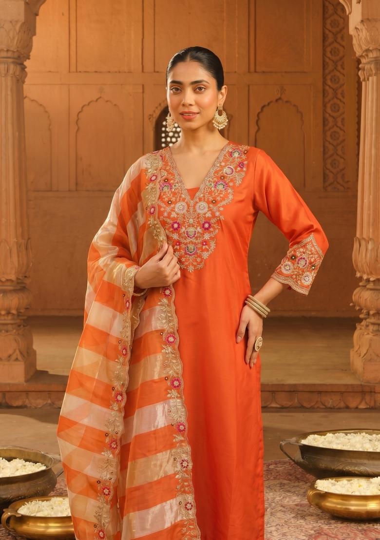 Orange Embroidered Silk Kurta Set - Indya