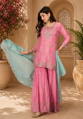 Peach Embroidered Silk Kurta Set