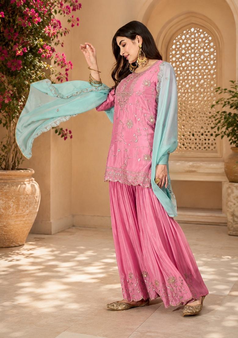 Peach Embroidered Silk Kurta Set - Indya