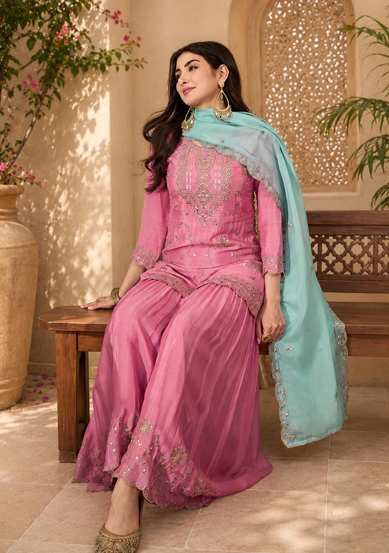Peach Embroidered Silk Kurta Set - Indya