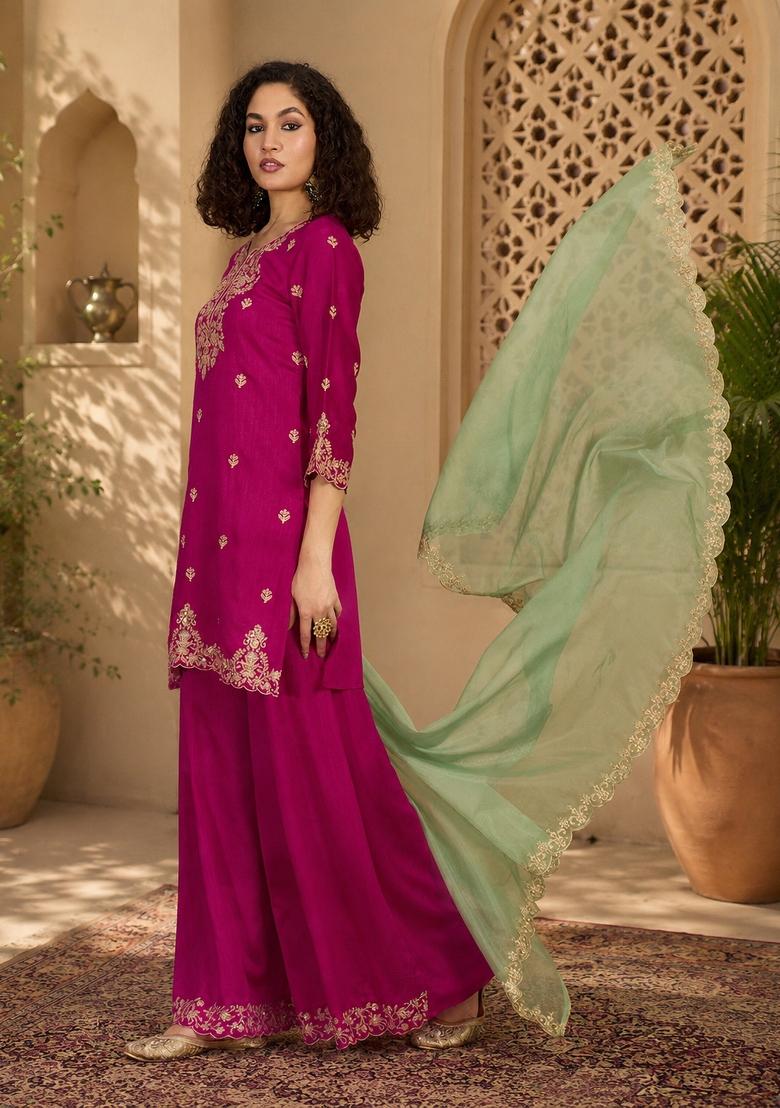 Pink Embroidered Silk Kurta Set - Indya