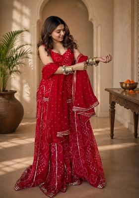 Red Embroidered Georgette Kurta Set