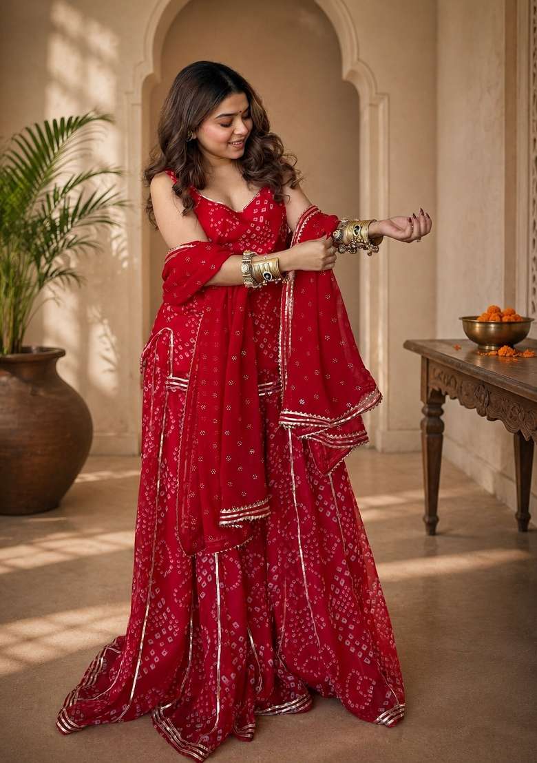 Red Embroidered Georgette Kurta Set - Indya
