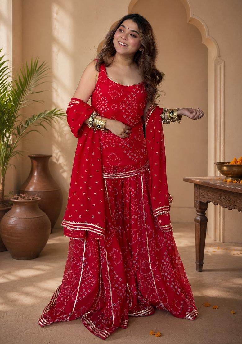 Red Embroidered Georgette Kurta Set - Indya