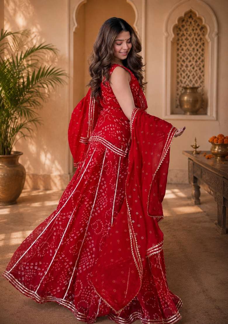 Red Embroidered Georgette Kurta Set - Indya