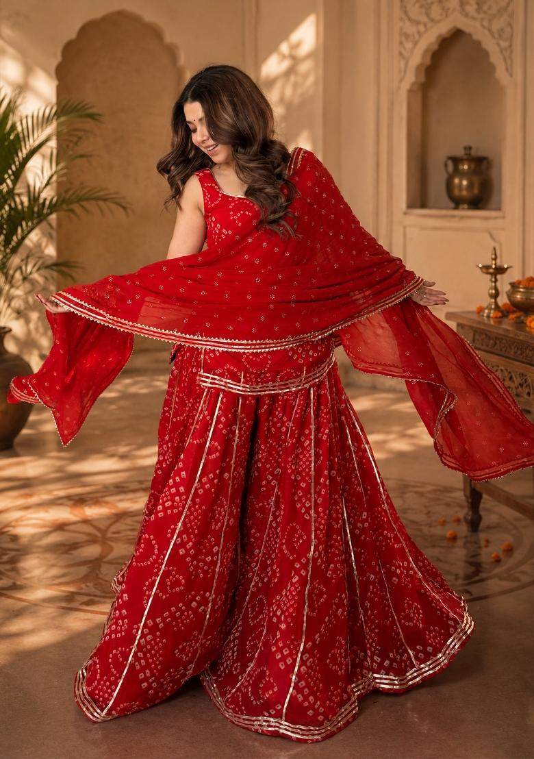 Red Embroidered Georgette Kurta Set - Indya