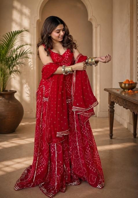 Red Embroidered Georgette Kurta Set