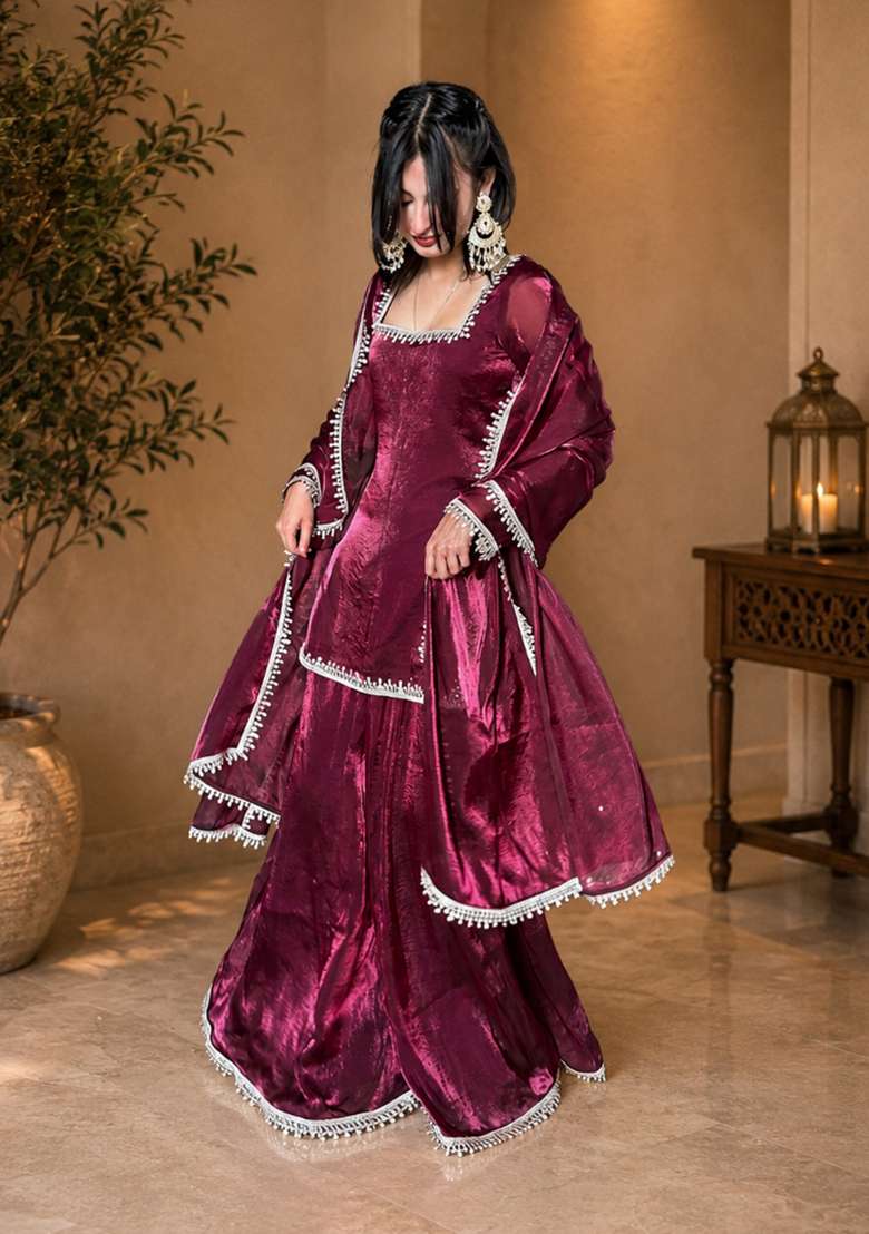 Maroon Embroidered Fendi Kurta Set - Indya
