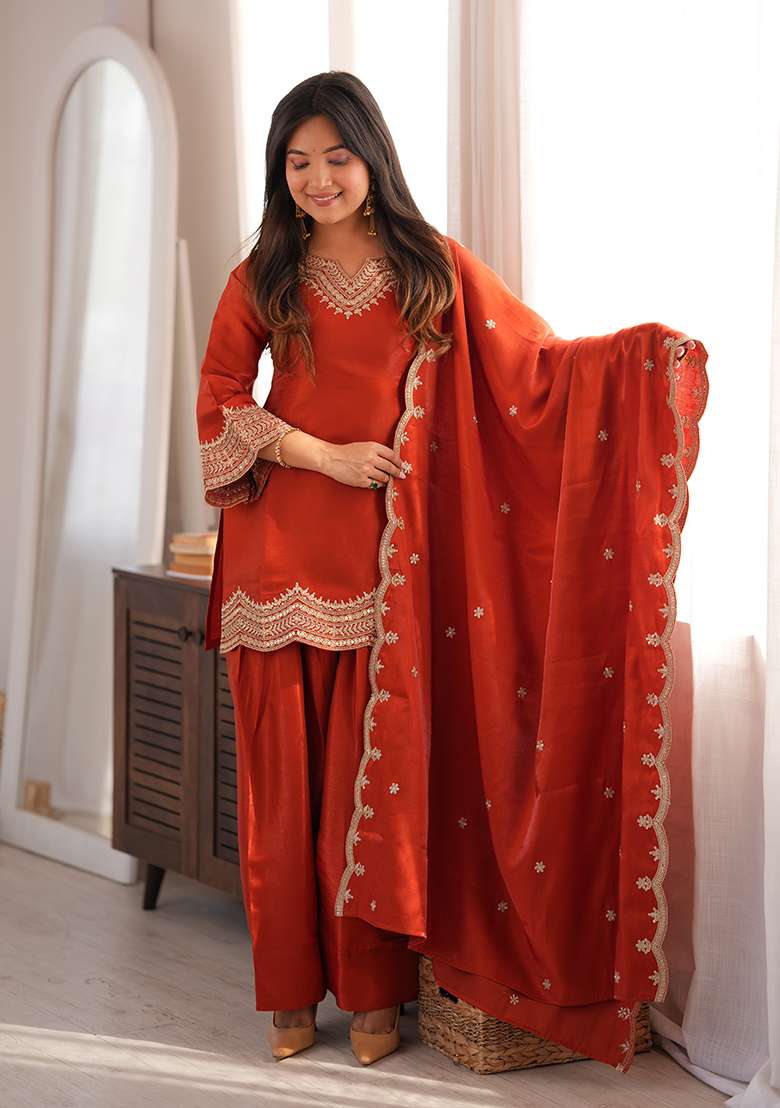 Orange Embroidered Silk Farshi Shalwar Set - Indya