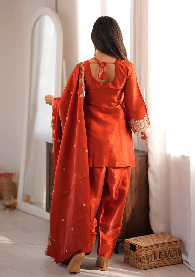 Orange Embroidered Silk Farshi Shalwar Set - Indya