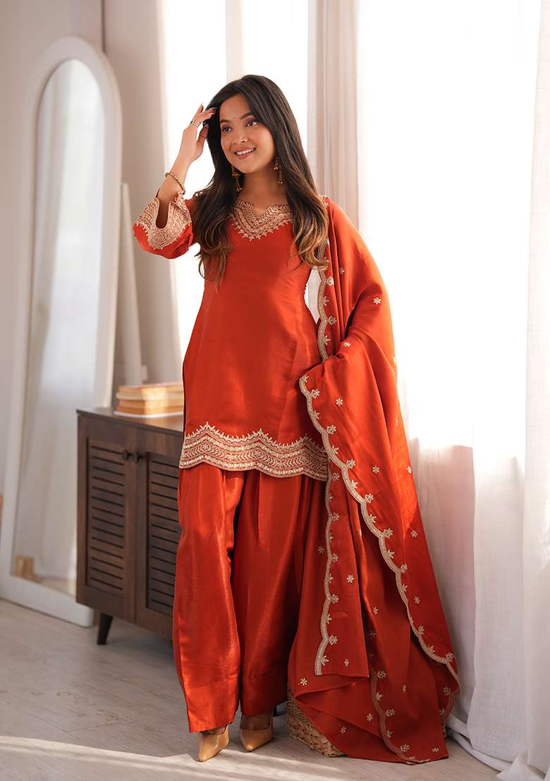 Orange Embroidered Silk Farshi Shalwar Set - Indya