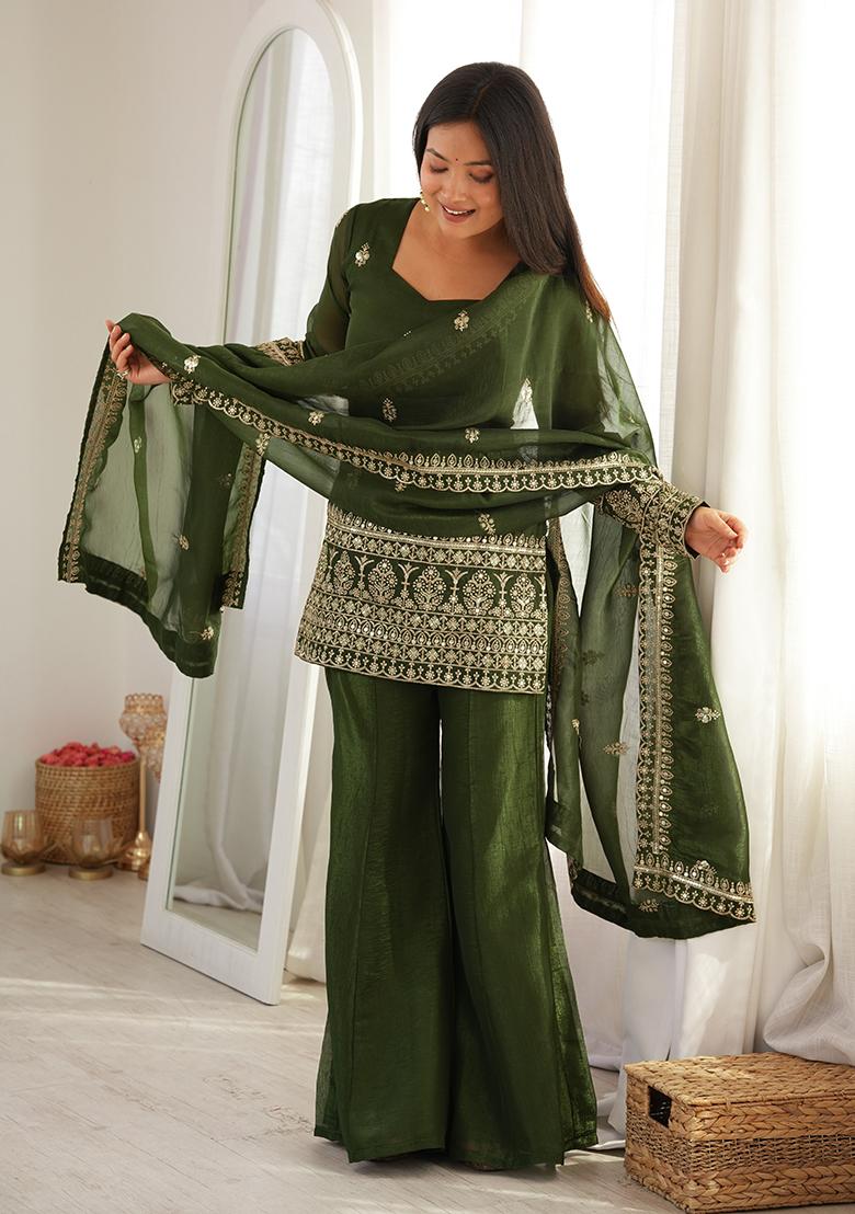 Mehendi Embroidered Silk Kurta Set - Indya