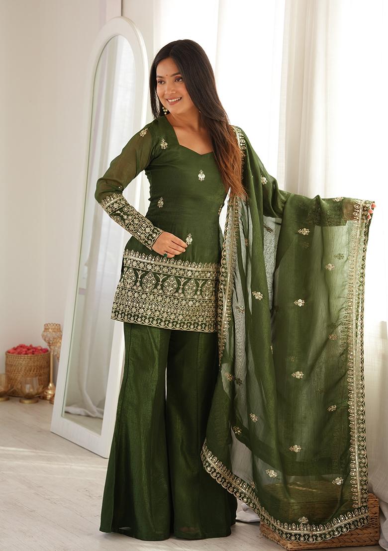 Mehendi Embroidered Silk Kurta Set - Indya
