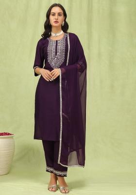 Purple Lace Work Silk Kurta Set