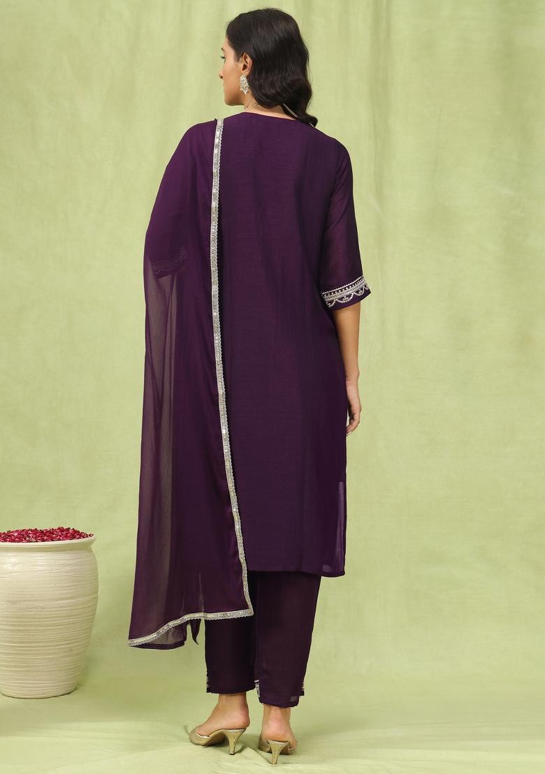 Purple Lace Work Silk Kurta Set - Indya