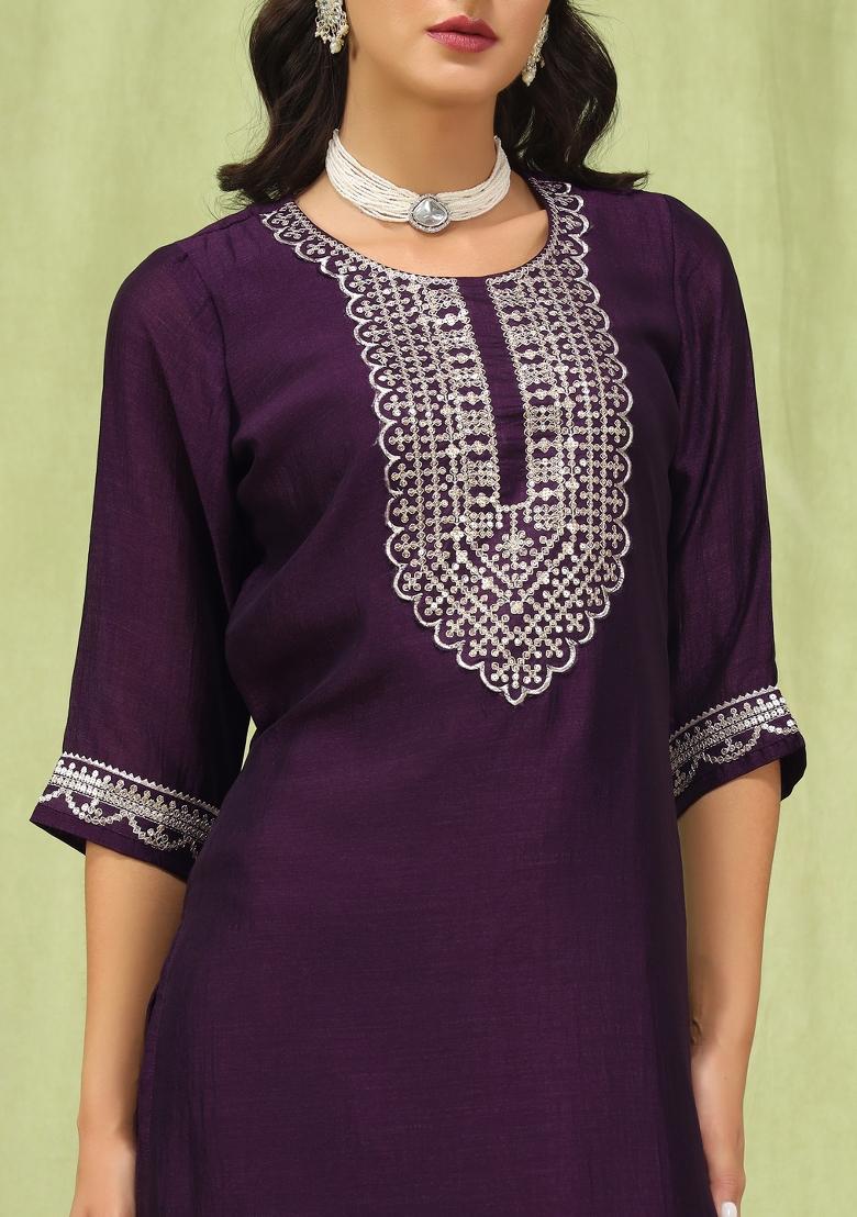 Purple Lace Work Silk Kurta Set - Indya