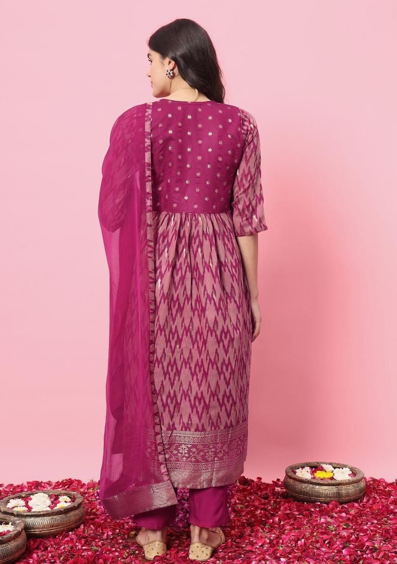 Purple Lace Work Silk Kurta Set - Indya