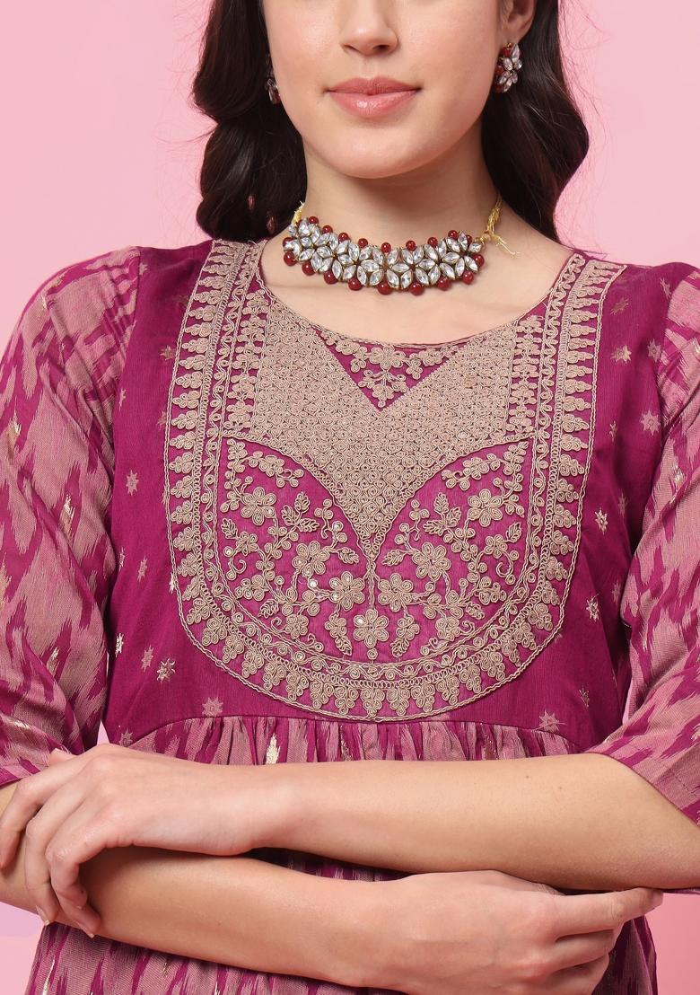 Purple Lace Work Silk Kurta Set - Indya