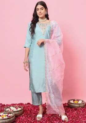 Sky Blue Embroidered Silk Kurta Set