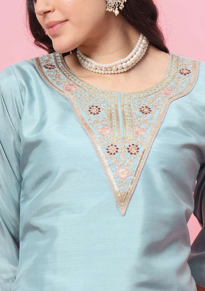 Sky Blue Embroidered Silk Kurta Set - Indya