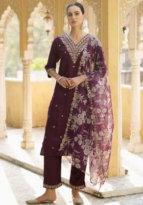 Purple Printed Silk Kurta Set