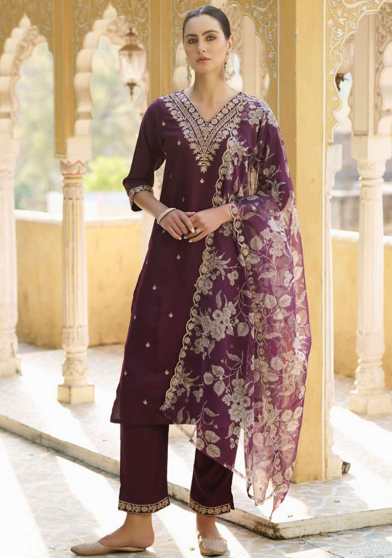 Purple Printed Silk Kurta Set - Indya