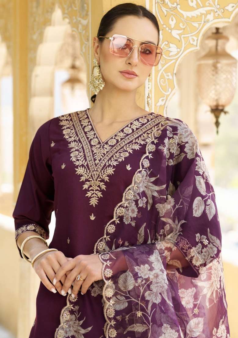Purple Printed Silk Kurta Set - Indya