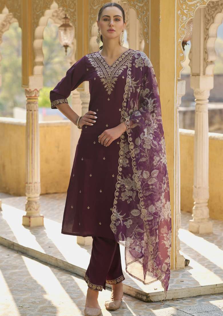 Purple Printed Silk Kurta Set - Indya