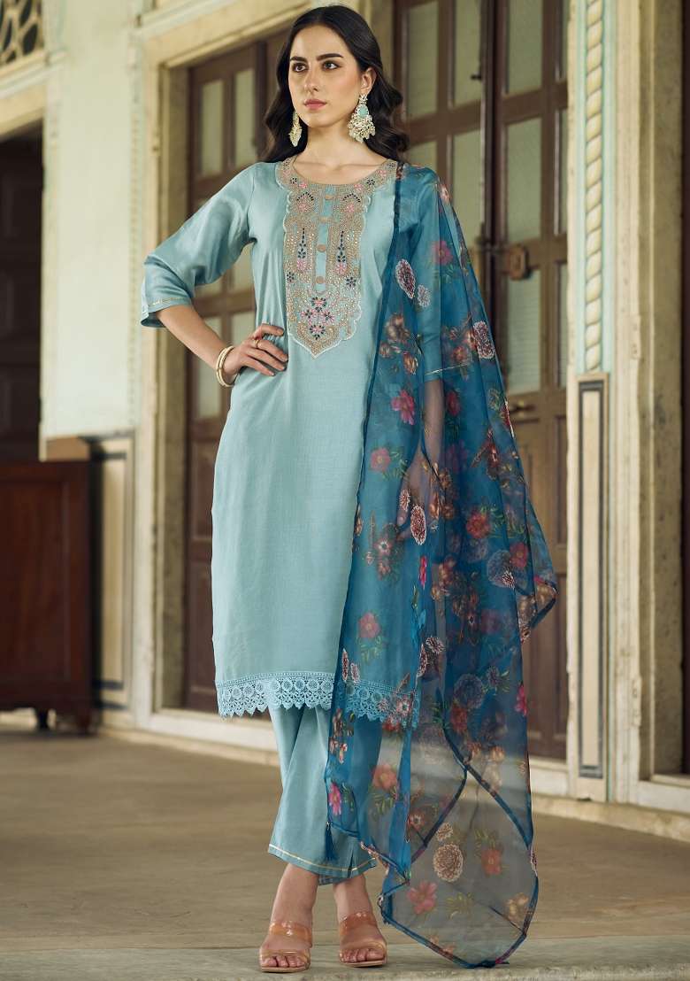 Sky Blue Printed Viscose Kurta Set - Indya