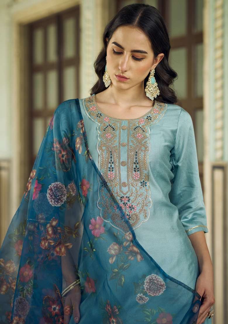 Sky Blue Printed Viscose Kurta Set - Indya