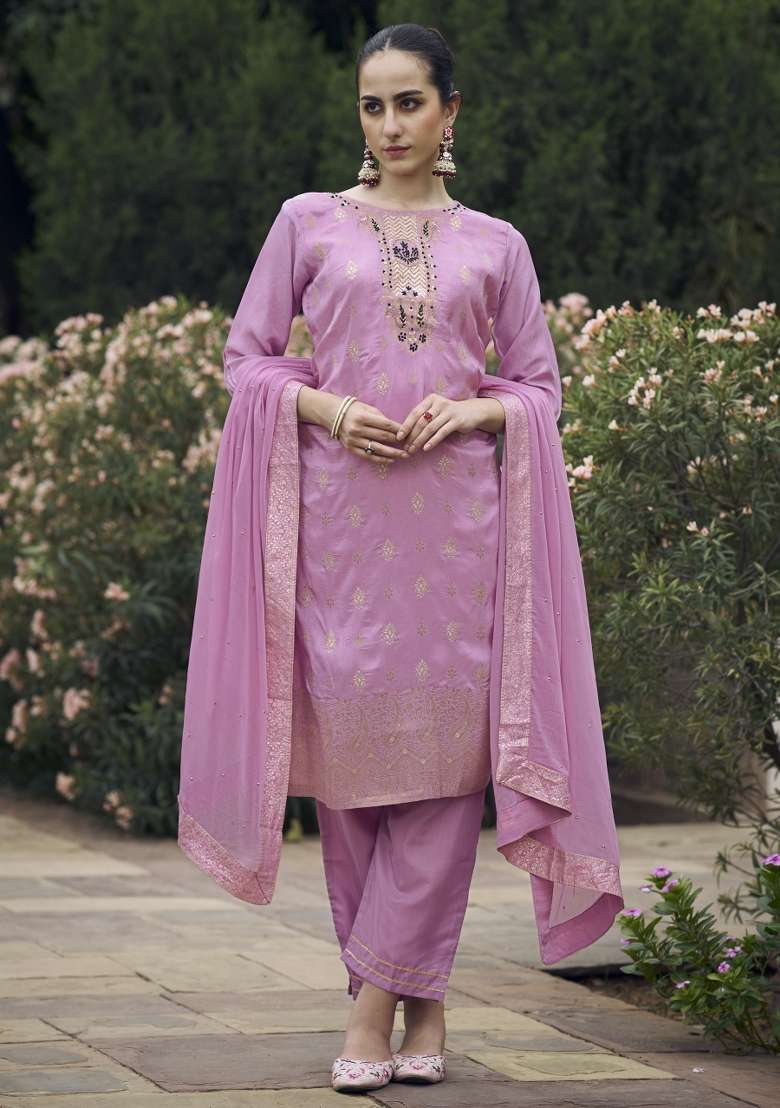 Lavender Lace Work Cotton Kurta Set - Indya