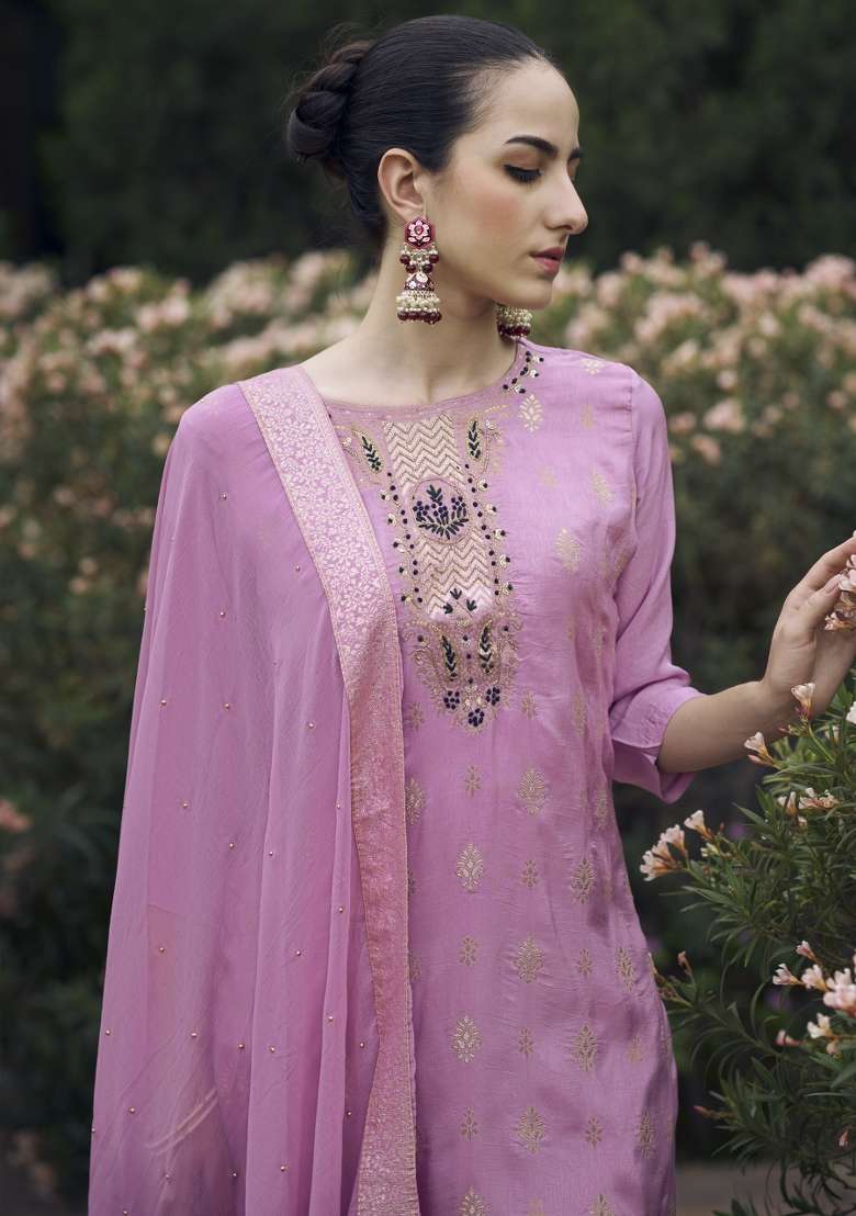Lavender Lace Work Cotton Kurta Set - Indya