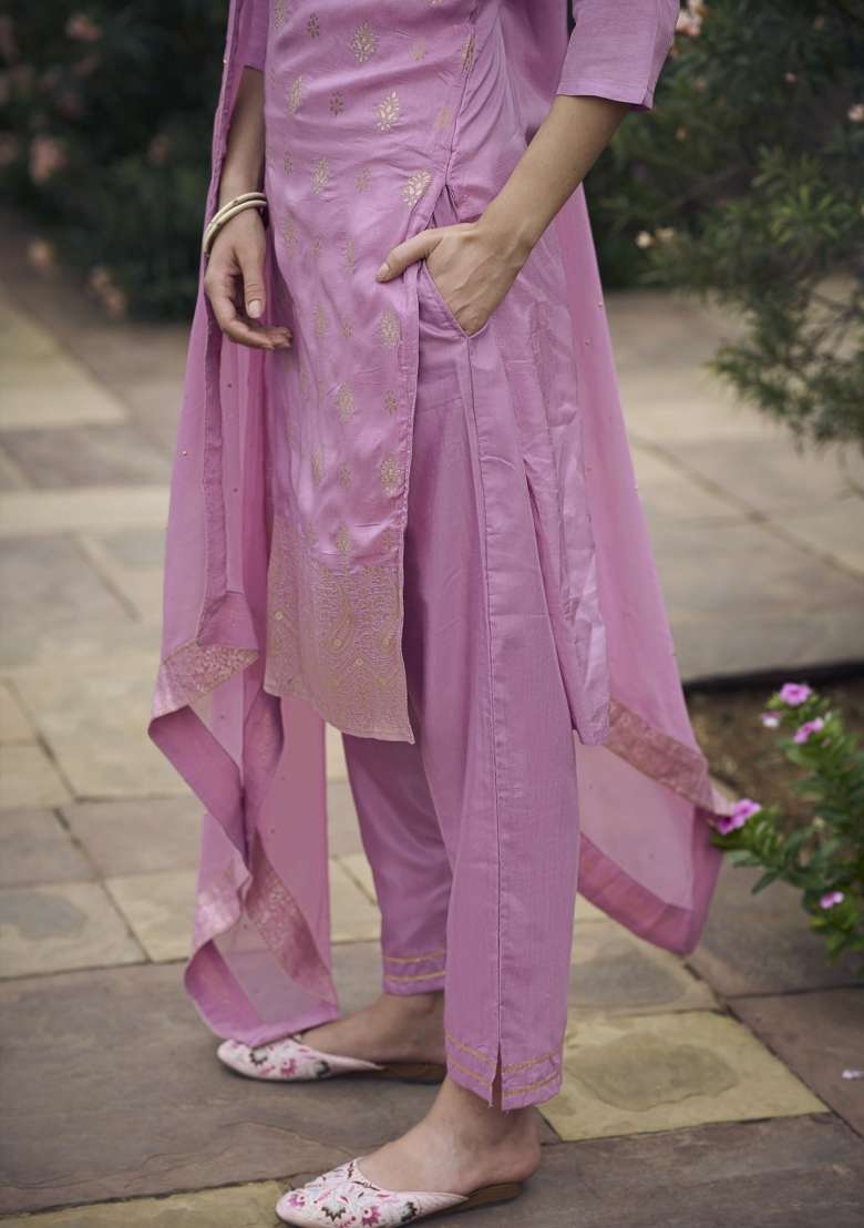 Lavender Lace Work Cotton Kurta Set - Indya