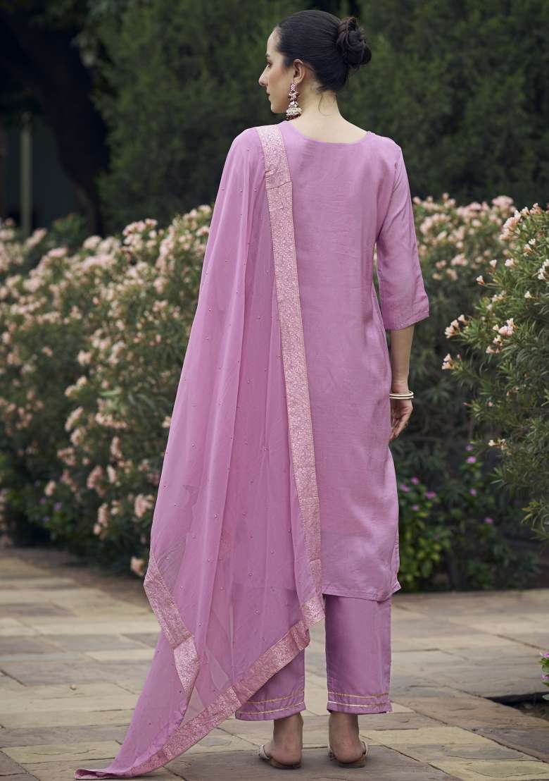 Lavender Lace Work Cotton Kurta Set - Indya