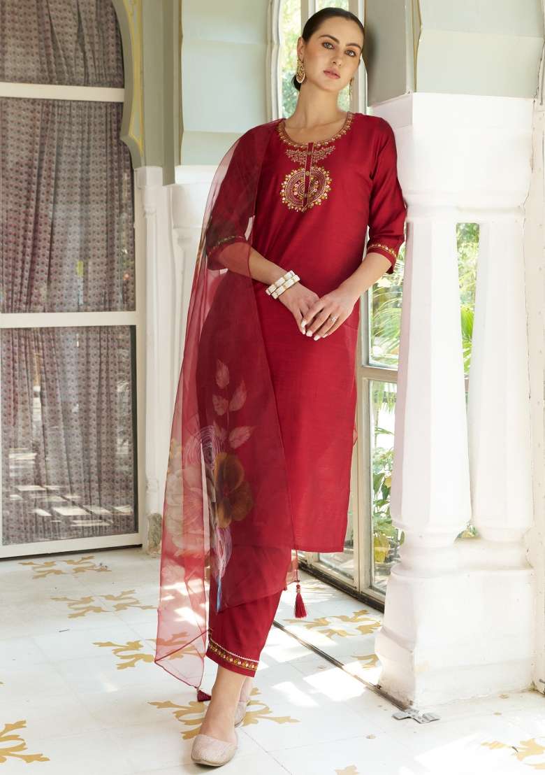 Maroon Printed Silk Kurta Set - Indya