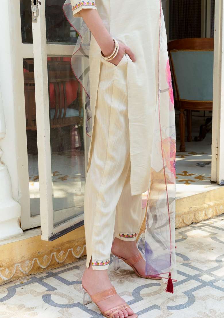 White Printed Silk Kurta Set - Indya