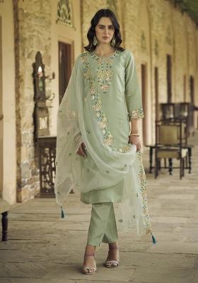 Light Green Embroidered Silk Kurta Set