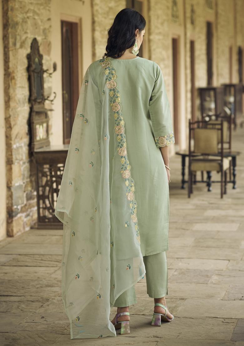 Light Green Embroidered Silk Kurta Set - Indya