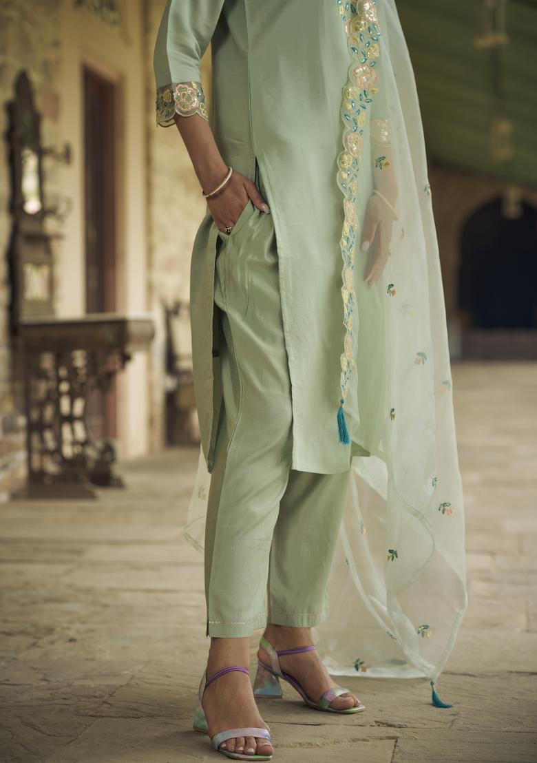Light Green Embroidered Silk Kurta Set - Indya